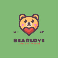 Vector Logo Illustration Bear Love Mascot Cartoon Style.