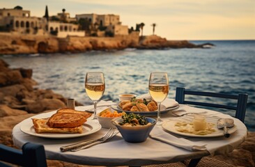 Fototapeta na wymiar A table with food and wine on it overlooking the ocean. Generative AI.