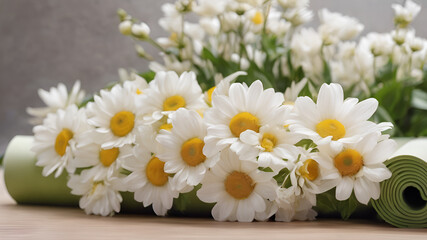Beautiful daisies and other flowers on a white table.
