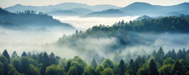 Panoramic landscape mountain forest with morning fog