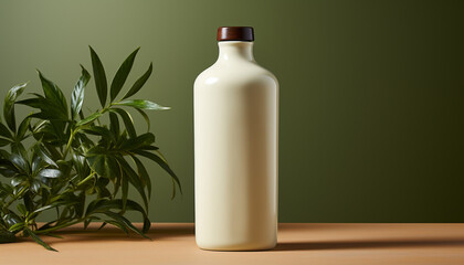 Fresh milk in glass bottle on wooden table, surrounded by green plants generated by AI
