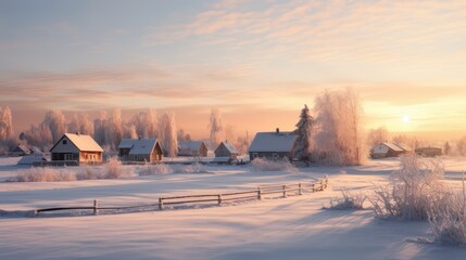 A Sunrise on a winter morning, rural northern village with snow, warm morning lights.