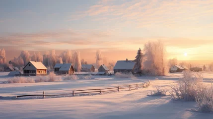 Foto op Plexiglas A Sunrise on a winter morning, rural northern village with snow, warm morning lights. © Phoophinyo