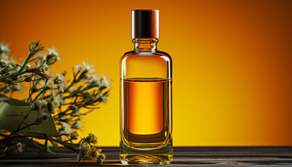 Yellow flower in glass jar, nature organic aromatherapy oil generated by AI
