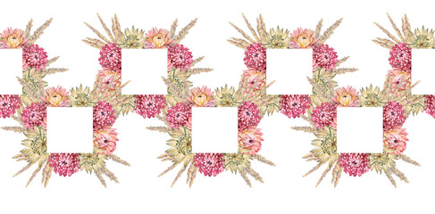 Seamless rim with watercolor boho wreath on white background. Square frame border template for design. Flowers chrysanthemum for wedding. Hand-drawn plant for invite. Border with copy space