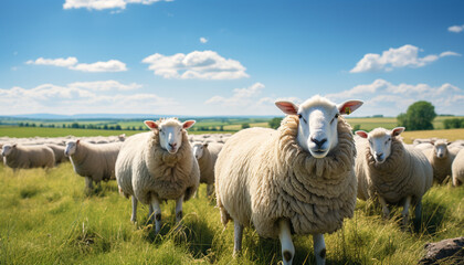 Obraz premium Cute lamb grazing in green meadow, surrounded by flock generated by AI