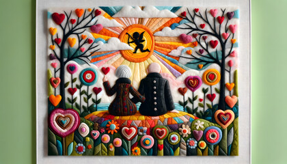a wide-angle landscape scene of a felt art patchwork. The scene depicts an old couple in love, wearing dark wool jackets