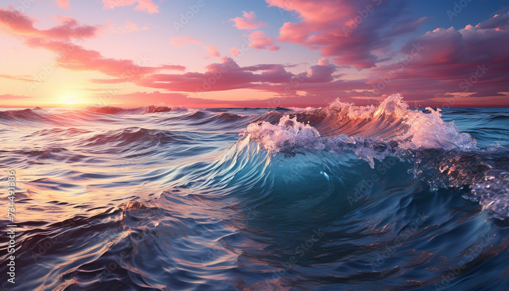 Poster sunset over the water, waves crashing, nature tranquil beauty generated by ai