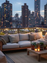 A meticulously designed cozy outdoor roof terrace serves as a stylish oasis of comfort against the urban skyline