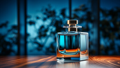 Luxury perfume bottle on wooden table, elegance in a bottle generated by AI - obrazy, fototapety, plakaty