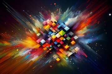 Abstract color background consisting of powder and various geometric figures and shapes. Illustration by Generative AI.