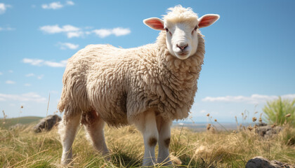Fototapeta premium Cute lamb grazing in green meadow, looking at camera generated by AI