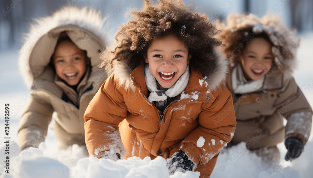 Sticker Smiling child playing in snow, cheerful winter fun outdoors generated by AI