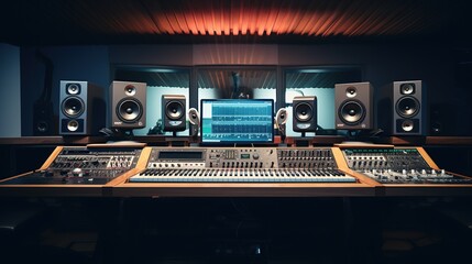 Modern music recording control desk studio, professional equipment