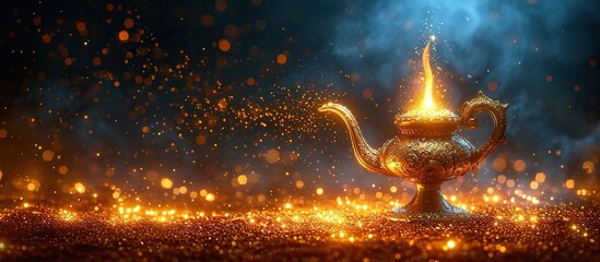 Wish lamp on the ground with glittering glow genie coming out of the bottle