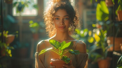 Woman with plant in sunlit greenhouse - Powered by Adobe