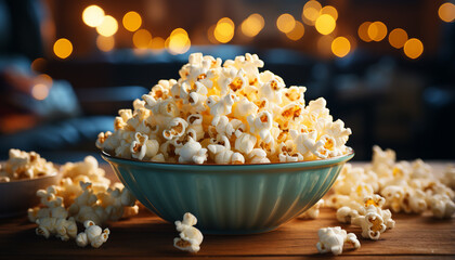 Indulgence in sweet, fluffy popcorn at movie theater generated by AI