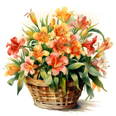 Alstroemeria Fields in a Wicker Basket, colorful watercolors, watercolor illustration, cute cartoon , sharp outline, white background for removing background, single object.