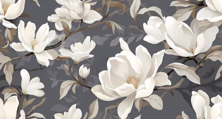 Fotobehang wallpaper with white magnolias on a gray background © Asep
