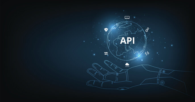 Application Programming Interface (API). Software development tools, information technology, modern technology, internet, and networking concepts on a dark blue background.	
