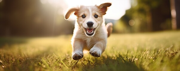 Happy pet dog puppy running at the garden green grass sunny day