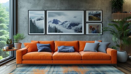 Modern living room with vibrant orange sofa