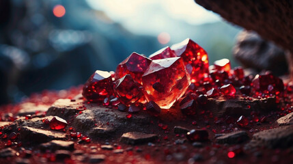 Red Garnet Crystal inside cave - obrazy, fototapety, plakaty
