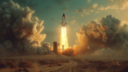Dramatic space shuttle launch with billowing clouds - obrazy, fototapety, plakaty