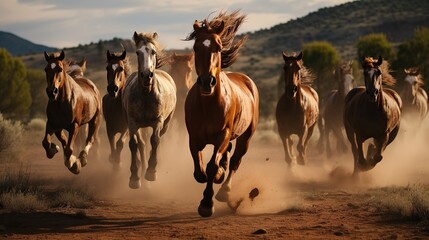 Horses run fast in desert with dramatic background - obrazy, fototapety, plakaty