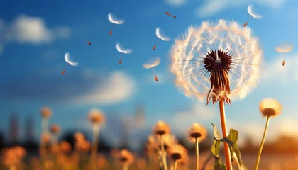Foto op Plexiglas Fluffy dandelion seed flying in summer meadow, nature beauty generated by AI © grgroup
