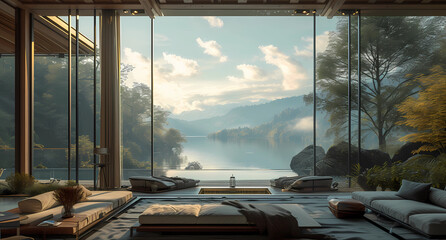 a living room window and a lake below