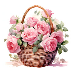 Fototapeta na wymiar Pink rose arranged in a charming wicker basket, colorful watercolors, watercolor illustration, cute cartoon , sharp outline, white background for removing background, single object.
