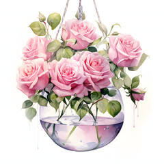 Pink rose arranged in a hanging vase for a whimsical touch, colorful watercolors, watercolor illustration, cute cartoon , sharp outline, white background for removing background, single object.