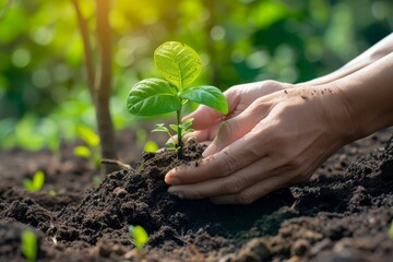 A nurturing hand gently plants a young seedling in rich soil, a concept of growth and sustainability illuminated by sunlight.