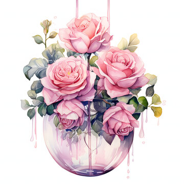 Pink rose arranged in a hanging vase for a whimsical touch, colorful watercolors, watercolor illustration, cute cartoon , sharp outline, white background for removing background, single object.