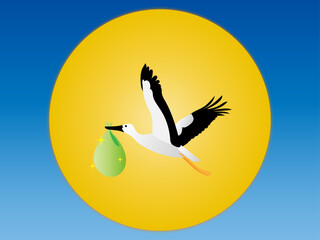 満月をバックに赤ちゃんを運ぶコウノトリ