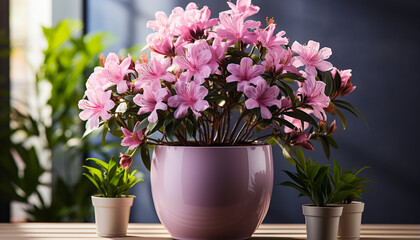 A fresh pink flower blossoms in a green vase generated by AI