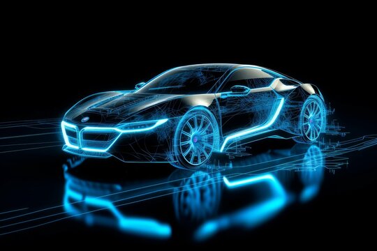 A holographic 3D render of a sports car with a futuristic interface, showcasing a high-tech vehicle design concept on a dark background.