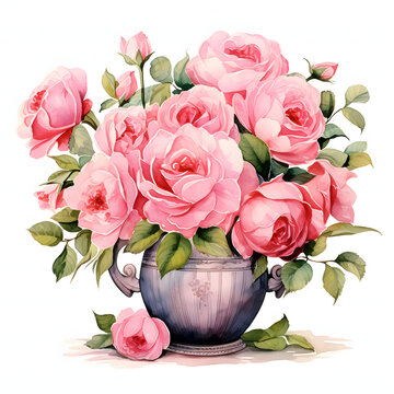 Pink rose arranged in a vintage-inspired vase, colorful watercolors, watercolor illustration, cute cartoon , sharp outline, white background for removing background, single object.