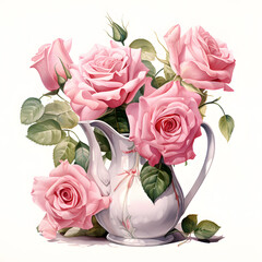 Pink rose arranged in a vintage-inspired vase, colorful watercolors, watercolor illustration, cute cartoon , sharp outline, white background for removing background, single object.