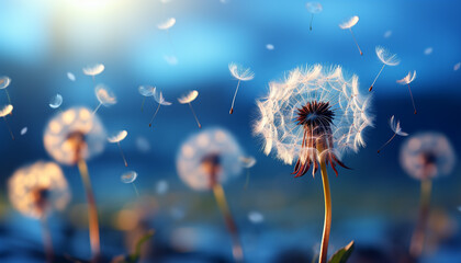 Fluffy dandelion seed flying in bright summer meadow generated by AI - obrazy, fototapety, plakaty