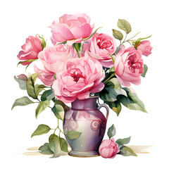 Pink rose arranged in a vintage-inspired vase, colorful watercolors, watercolor illustration, cute cartoon , sharp outline, white background for removing background, single object.