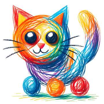 a cat drawn with crayons by a 3-year-old child on a white background. The drawing showcases the innocent and imaginative approach of a child's artistry