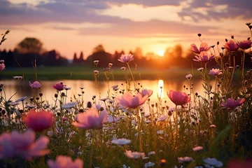 Photo sur Plexiglas Réflexion Wildflowers in varying shades of pink and white catch the last light of day by a calm river, reflecting the colors of twilight.