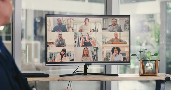 Business people, monitor and video call for virtual meeting, online conference or teamwork at office. Diversity, screen and employees talking for digital collaboration, presentation or social media