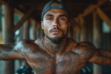 Fototapeta na wymiar A tattooed Caucasian man engaged in adult training, personifying a fit and muscular bodybuilder, showcasing a commitment to health and an athletic lifestyle.