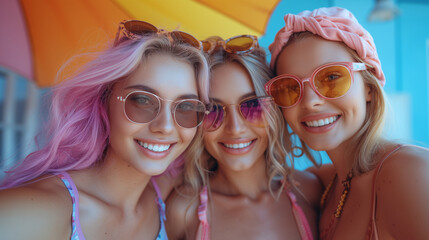 Summer bliss with friends. A cheerful group enjoying carefree moments outdoors, radiating happiness and beauty, exemplifying the warmth of friendship during the sunny season.