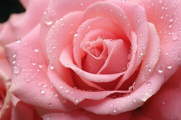 A close-up of a dew-covered pink rose, highlighting its delicate petals and natural beauty.