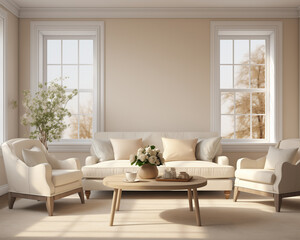 Fototapeta na wymiar Sunny Living Room Decor with Beige Tones and Comfortable Seating Arrangement
