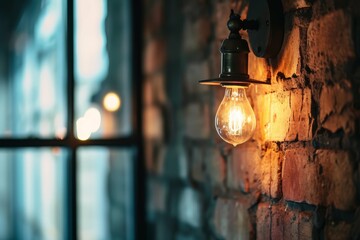 A vintage light bulb illuminates against a rustic brick wall, giving off a warm, nostalgic glow.